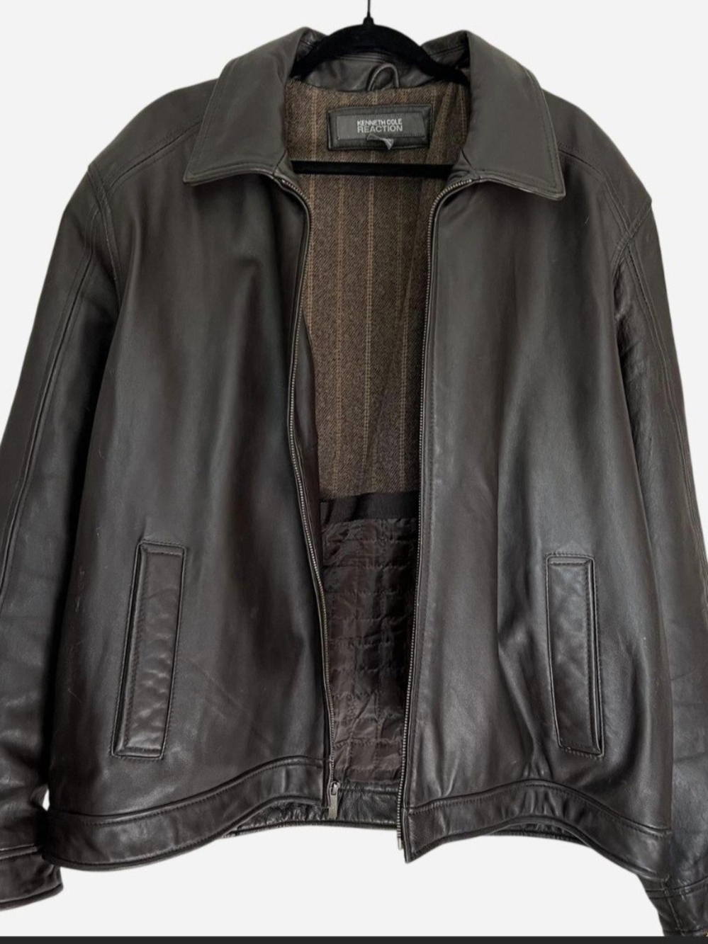 VTG Kenneth Cole Reaction Brown Genuine Leather Bomber Jacket w/Wool Lining XL
